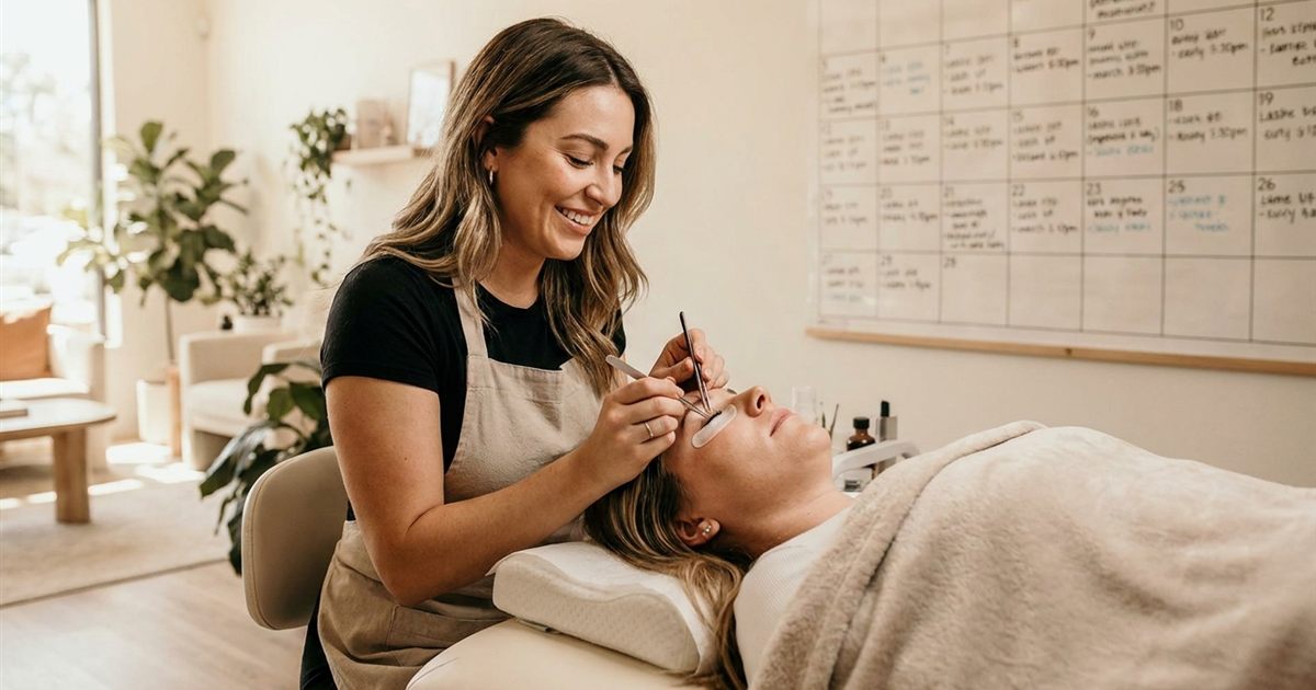 Lash artist smiling while applying eyelash extensions to a client lying on a treatment bed in a bright modern studio, showing steady demand for lash services