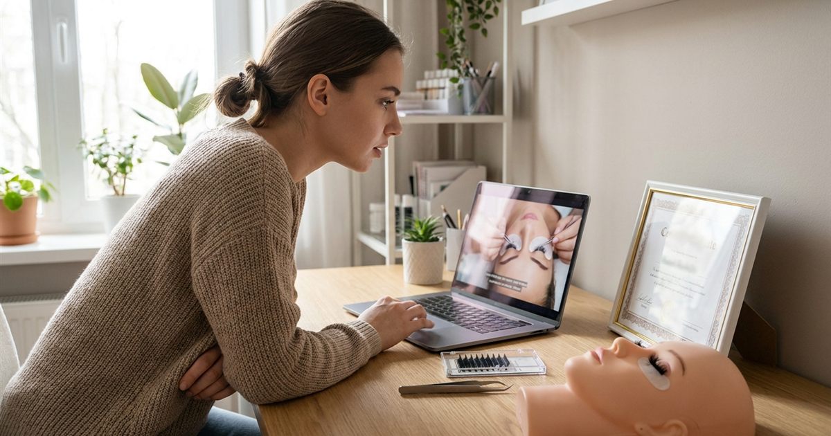 Woman at a laptop comparing a free lash course certificate offer with a full paid eyelash extension training program at her desk