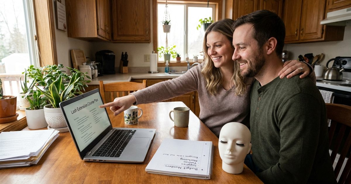 Woman showing her husband a lash extension course plan and budget on a laptop at the kitchen table while they talk about her new lash career