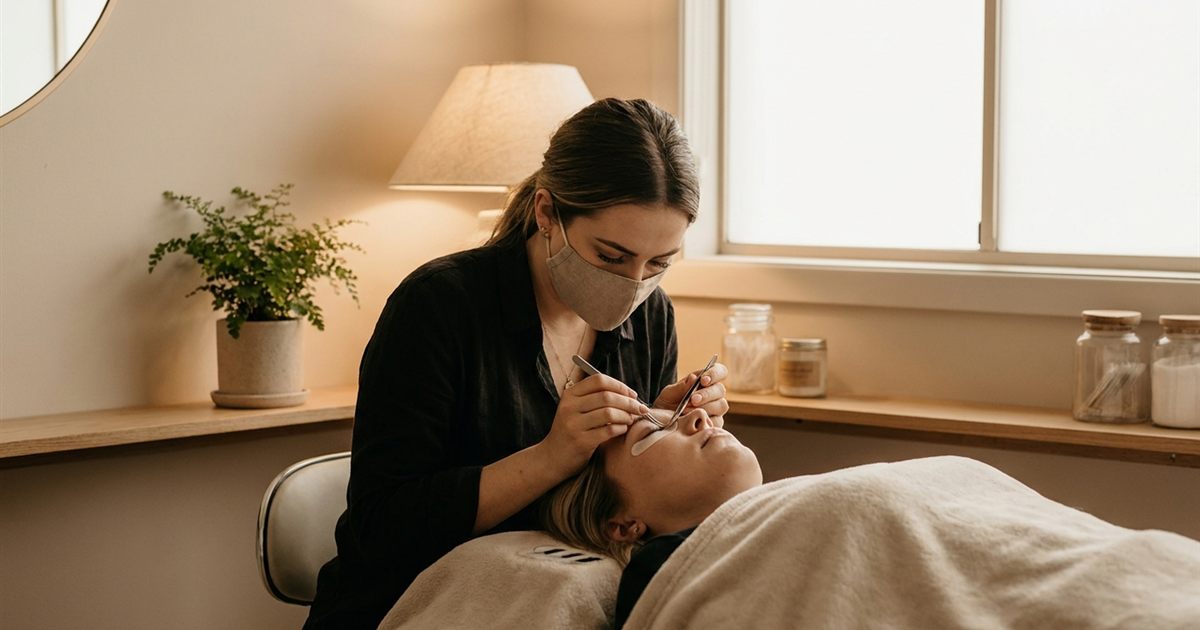 Calm lash artist working quietly at her station applying eyelash extensions to a relaxed client in a peaceful studio with soft lighting