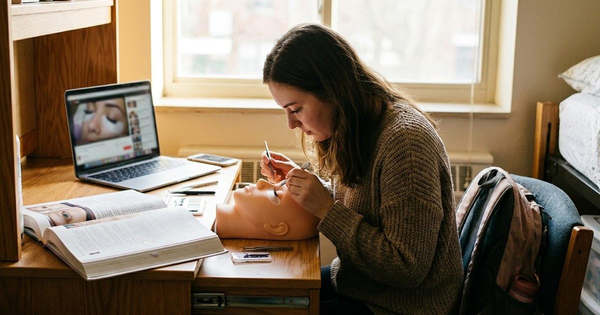 College student practicing eyelash extensions on a mannequin head at a dorm desk next to textbooks and a laptop playing an online lash course lesson