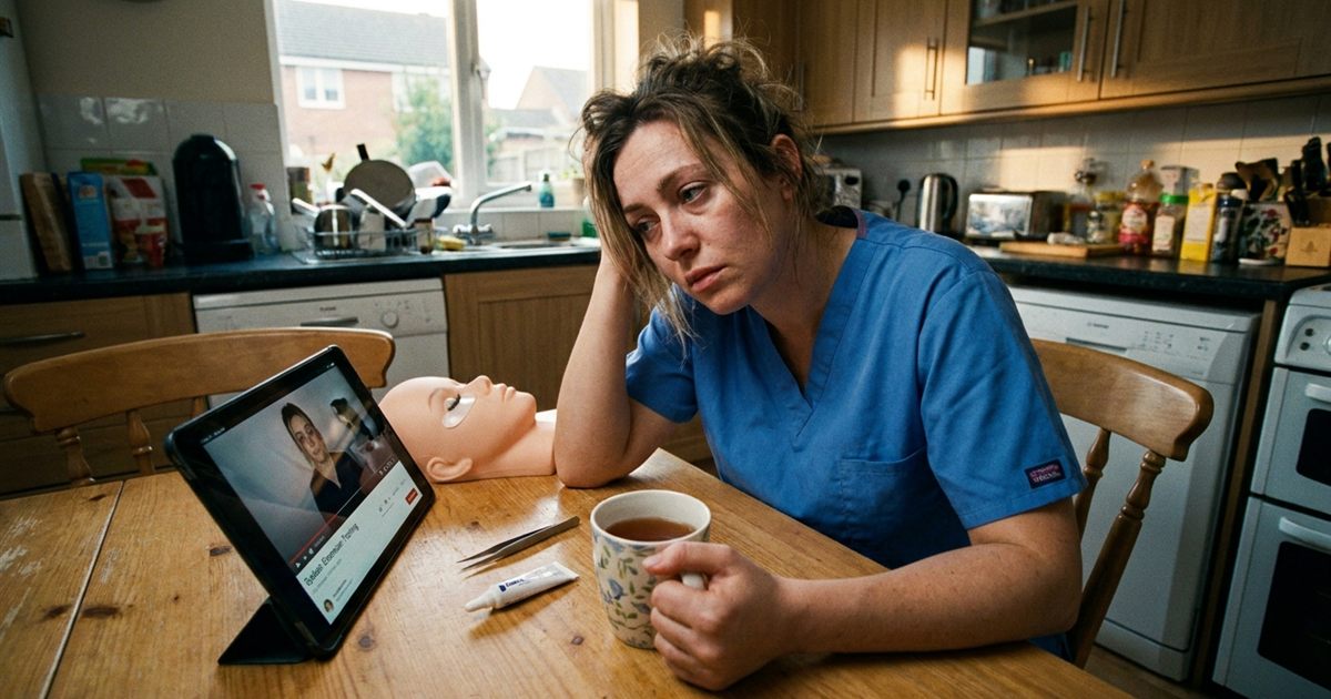 Tired nurse in scrubs studying an eyelash extension course lesson on a tablet at her kitchen table after a long shift
