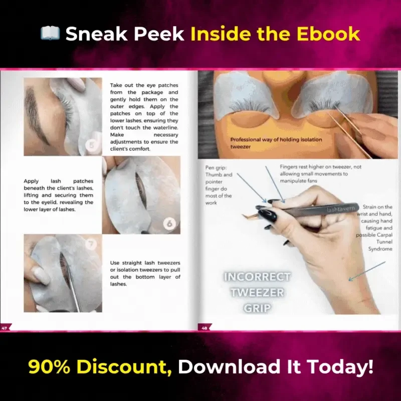 Sneak peek inside the Professional Lash Extension Training Manual, real pages showing isolation tweezer technique