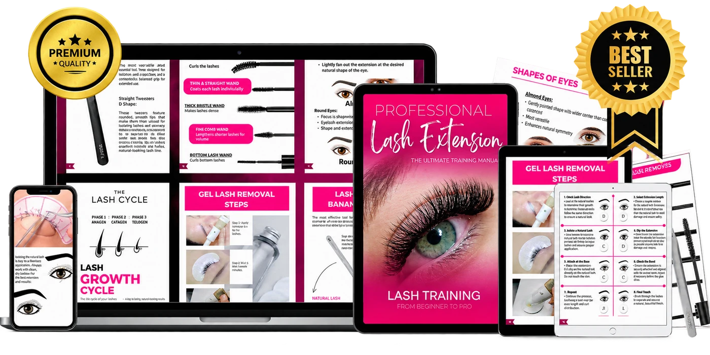 Professional Lash Extension Training Manual previewed on laptop, tablet and phone