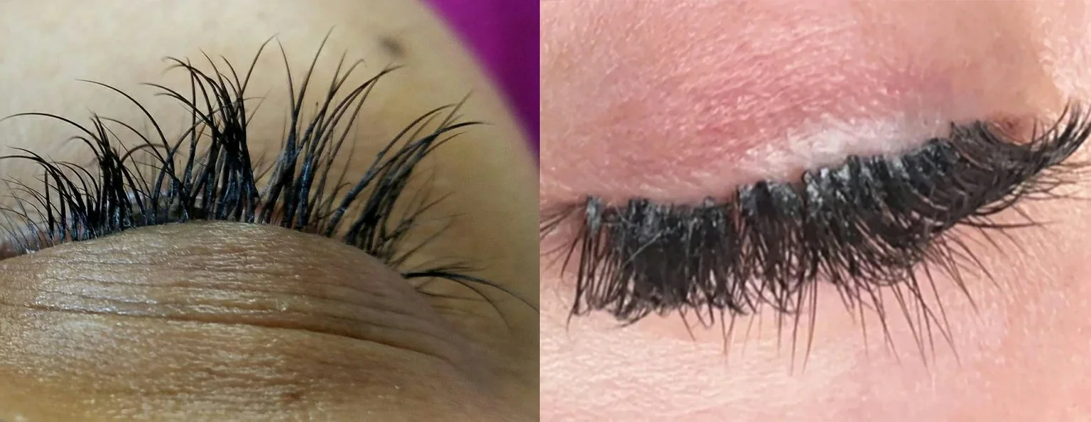 Poorly done lash extensions with uneven length and clumping